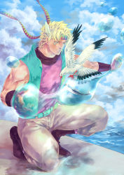 Rule 34 | 1boy, adapted costume, battle tendency, belt, bird, blonde hair, boots, bubble, caesar anthonio zeppeli, cgiftrsnut, cloud, day, facial mark, feather hair ornament, feathers, fingerless gloves, fish, gloves, green eyes, hair ornament, highres, hydrokinesis, jojo no kimyou na bouken, joseph joestar, joseph joestar (young), male focus, outdoors, pants, pigeon, ribbon, sky, solo, squatting, vest, water, white pants