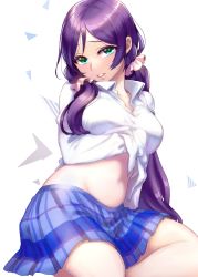 Rule 34 | 10s, 1girl, bad id, bad pixiv id, blush, breasts, green eyes, julion (akesuzu), large breasts, long hair, love live!, love live! school idol project, parted lips, purple hair, school uniform, skirt, solo, tojo nozomi, twintails
