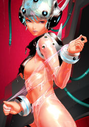 Rule 34 | 1girl, alternate costume, ayanami rei, blue hair, bracelet, breasts, cable, chester ocampo, from side, jewelry, lips, md5 mismatch, medium breasts, neon genesis evangelion, parted lips, pink eyes, red eyes, resized, resolution mismatch, sideboob, solo, source larger, tearing clothes, torn clothes
