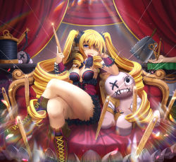 Rule 34 | 1girl, bandaged arm, bandages, black footwear, blonde hair, blood, blue eyes, boots, breasts, button eyes, buttons, cleavage, couch, cross-laced footwear, crossed legs, curtains, drill hair, eyepatch, fur trim, glint, high-waist skirt, highres, long hair, looking at viewer, medium breasts, needle, original, pin, pointy ears, red skirt, scissors, sewing needle, shaded face, sitting, skirt, smirk, solo, sora (dkssud6580), stitches, stuffed toy, stuffing, thread, twin drills, twintails, very long hair, wrist cuffs