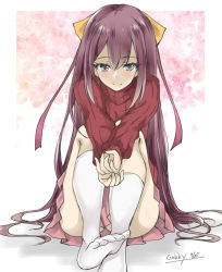 Rule 34 | 1girl, alternate costume, bow, gakky, hair bow, kamikaze (kancolle), kantai collection, long hair, one-hour drawing challenge, pink skirt, pleated skirt, purple eyes, purple hair, red sweater, ribbed sweater, sitting, skirt, smile, socks, solo, sweater, very long hair, white socks, yellow bow