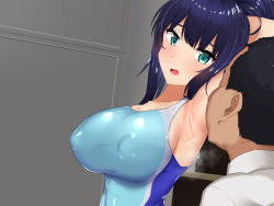 Rule 34 | 1girl, arm behind back, arm up, armpits, blue hair, blush, breasts, caruta, cleavage, competition swimsuit, covered erect nipples, embarrassed, green eyes, hair between eyes, high ponytail, highres, indoors, kiraware kyoushi no saimin takuran, large breasts, light blush, long hair, looking at another, no eyes, one-piece swimsuit, open mouth, original, ponytail, shiny skin, standing, steaming body, sweat, swimsuit, upper body