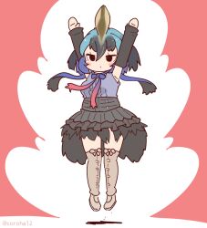 Rule 34 | 1girl, arms up, bird girl, bird tail, black hair, blue hair, boots, bow, bowtie, brown hair, coroha, elbow gloves, full body, gloves, jumping, kemono friends, kemono friends 3, looking at viewer, multicolored hair, red background, shirt, short hair, simple background, skirt, sleeveless, sleeveless shirt, solo, southern cassowary (kemono friends), tail