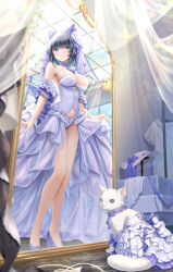 Rule 34 | 1girl, aqua eyes, azur lane, bare legs, bare shoulders, between breasts, black hair, breasts, bride, cameltoe, cat, cheshire (azur lane), cheshire (the cat and the white steed) (azur lane), cleavage, closed mouth, clothes lift, commentary request, detached collar, different reflection, dress, dressing room, frills, from below, haneru, high heels, highres, indoors, large breasts, leotard, manjuu (azur lane), mirror, off-shoulder dress, off shoulder, official alternate costume, panties, purple dress, reflection, showgirl skirt, skirt, skirt lift, smile, underwear, white cat