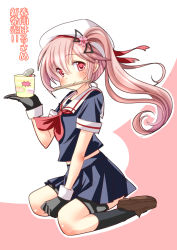 Rule 34 | 10s, 1girl, beret, cellophane noodles, chize, cup ramen, gloves, hair ornament, hair ribbon, harusame (kancolle), hat, kantai collection, long hair, looking at viewer, mouth hold, neckerchief, pink eyes, pink hair, pleated skirt, red eyes, ribbon, school uniform, serafuku, side ponytail, simple background, skirt, smile, solo