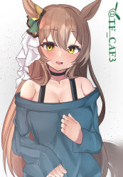 Rule 34 | 1girl, absurdres, alternate costume, animal ears, black choker, blue sweater, blush, bra strap, brown hair, choker, commentary request, ear ornament, hair between eyes, highres, horse ears, horse girl, horse tail, long hair, long sleeves, looking at viewer, multicolored hair, off-shoulder sweater, off shoulder, open mouth, satono diamond (umamusume), simple background, smile, strap, streaked hair, sweater, tachibana hina (voice actor), tail, tf cafe, twitter username, umamusume, very long hair, voice actor connection, white background, white hair