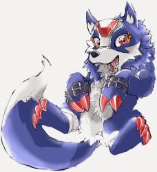 Rule 34 | belt, claws, digimon, digimon (creature), highres, loogamon, looking at viewer, simple background, solo, tail, white background