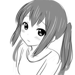 Rule 34 | 1girl, aaaa (quad-a), bad id, bad pixiv id, blush, greyscale, k-on!, long hair, looking at viewer, monochrome, nakano azusa, portrait, simple background, solo, white background