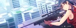 Rule 34 | 1girl, ahoge, baiyang miemie, bare shoulders, black hair, building, city, finger on trigger, focused, gloves, gun, highres, holding, holding gun, holding weapon, lips, one eye closed, original, rifle, serious, sniper rifle, solo, weapon