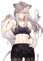 Rule 34 | 1girl, abs, ahoge, animal ear fluff, animal ears, bandaged arm, bandages, black nails, black pantyhose, black shorts, black sports bra, blood, blood on face, breasts, commentary request, cowboy shot, dog tags, ear piercing, fingernails, grey eyes, grey hair, hair between eyes, hand on own hip, highres, holding, holding clothes, holding shirt, hololive, injury, lion ears, lion girl, lion tail, long fingernails, long hair, looking at viewer, medium breasts, midriff, nail polish, navel, official alternate costume, pantyhose, piercing, sharp fingernails, shirt, shishiro botan, shishiro botan (button-down), short shorts, shorts, simple background, smile, solo, sports bra, standing, tail, virtual youtuber, white background, white shirt, yuya (yuya illust)