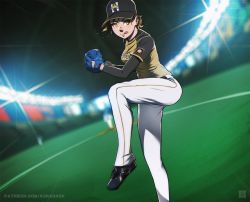 Rule 34 | 1girl, :&gt;, :p, aurahack, baseball, baseball cap, baseball glove, baseball stadium, baseball uniform, belt, black footwear, blurry, breasts, brown hair, depth of field, emphasis lines, hat, hokkaido nippon-ham fighters, holding, indoors, leg up, long sleeves, medium breasts, nippon professional baseball, original, pants, pitcher (container), pitching, shoes, short hair, short sleeves, solo focus, sparkle, sportswear, standing, standing on one leg, sweat, tongue, tongue out, watermark, white pants, yellow eyes