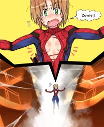 Rule 34 | 1girl, blonde hair, blush, bodysuit, breasts, character request, copyright request, cosplay, eyelashes, grabbing, green eyes, hair between eyes, highres, kneeling, light brown hair, marvel, medium breasts, open clothes, open mouth, oteruko (wanabeee), short hair, silk, solo, spider-man (cosplay), spider web, spiderman (series), sweatdrop, tagme, torn clothes