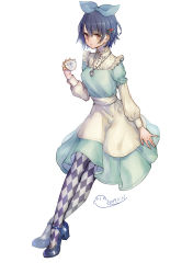 Rule 34 | alice (sinoalice), blue dress, blue hair, brown eyes, checkered clothes, checkered legwear, crossed legs, cup, dress, full body, hair between eyes, hair ornament, hairpin, headband, holding, holding cup, long sleeves, looking at viewer, ojo aa, open mouth, short hair, simple background, sinoalice, teacup, teeth, thighhighs, white background