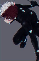 Rule 34 | 1boy, blue eyes, boku no hero academia, burn scar, closed mouth, grey background, holding, holding sword, holding weapon, leg up, male focus, multicolored hair, red hair, scar, short hair, simple background, solo, sword, todoroki shouto, two-tone hair, umi (ul8nl), weapon, white hair