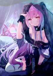 Rule 34 | 1girl, arm support, arm up, bare shoulders, bed sheet, blue hair, blush, bow, closed mouth, collarbone, detached sleeves, flat chest, garter belt, garter straps, gothic lolita, hair bow, hair strand, highres, holding, hololive, lolita fashion, long hair, looking at viewer, messy hair, mikami hotaka, neck garter, pillow, sidelocks, sitting, solo, tagme, thighhighs, two side up, uruha rushia, uruha rushia (3rd costume), virtual youtuber, white thighhighs, wristband