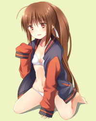 Rule 34 | 1girl, bikini, brown hair, jacket, letterman jacket, little busters!, long hair, natsume rin, no pants, open clothes, open jacket, ponytail, red eyes, satou aoi, sleeves past wrists, swimsuit