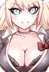 Rule 34 | 1girl, blonde hair, blue eyes, bra, breasts, cleavage, closed mouth, commentary request, danganronpa (series), enoshima junko, large breasts, long hair, looking at viewer, simple background, smile, solo, twintails, ueyama michirou, underwear, white background
