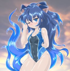 Rule 34 | 1girl, alternate costume, arm behind back, bare arms, blue bow, blue eyes, blue hair, blue one-piece swimsuit, bow, breasts, commentary request, competition swimsuit, cowboy shot, debt, hair bow, hand up, highleg, highleg swimsuit, long hair, looking at viewer, one-piece swimsuit, one eye closed, small breasts, solo, swimsuit, touhou, very long hair, wavy hair, winn, yorigami shion