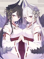Rule 34 | 2girls, asymmetrical docking, black hair, black horns, breast press, breasts, closed mouth, commentary request, dragon girl, dragon horns, dragon tail, flower, grey horns, hair flower, hair ornament, highres, holding hands, horns, interlocked fingers, japanese clothes, large breasts, long hair, looking at viewer, miko, multiple girls, open mouth, original, red eyes, tail, tam-u, white hair