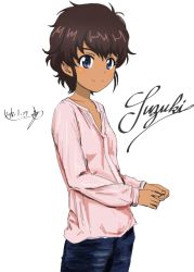Rule 34 | 10s, 1girl, artist name, blouse, blue eyes, blue pants, brown hair, bukkuri, casual, character name, closed mouth, cursive, dark-skinned female, dark skin, dated, girls und panzer, long sleeves, looking at viewer, messy hair, pants, pink shirt, shirt, short hair, signature, simple background, sketch, smile, solo, standing, suzuki (girls und panzer), upper body, white background