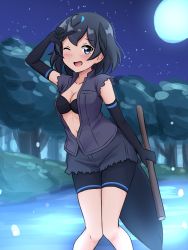 Rule 34 | 1girl, ;d, adapted costume, american beaver (kemono friends), american beaver (kemono friends) (cosplay), arm up, bike shorts, bike shorts under shorts, black bra, black eyes, black gloves, black hair, black shirt, black shorts, blush, bra, breasts, cosplay, cutoffs, elbow gloves, full moon, gloves, head wings, highres, kemono friends, looking at viewer, medium breasts, moon, night, one eye closed, open clothes, open mouth, open shirt, outdoors, shiraha maru, shirt, short hair, short shorts, short sleeves, shorts, smile, solo, stick, superb bird-of-paradise (kemono friends), tail, tree, twitter username, underwear, wings