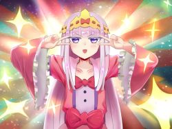 Rule 34 | 1girl, :d, aurora sya lis kaymin, blunt bangs, bow, double v, dress, emotional engine - full drive, long hair, long sleeves, looking at viewer, maou-jou de oyasumi, open mouth, pink bow, pink dress, purple eyes, red bow, ribbon, silver hair, smile, solo, star (symbol), star in eye, symbol in eye, upper body, v, v over eye, very long hair, wide sleeves