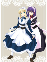 Rule 34 | 00s, 2girls, ahoge, alternate costume, artoria pendragon (all), artoria pendragon (fate), back bow, blonde hair, bow, fate/stay night, fate (series), green eyes, hands on shoulders, long hair, long sleeves, looking at viewer, maid, maid headdress, matou sakura, multiple girls, necktie, pantyhose, purple eyes, purple hair, ryp, saber (fate), simple background, underbust