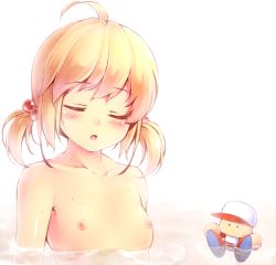 Rule 34 | 1girl, ahoge, blonde hair, blush, closed eyes, flat chest, hair bobbles, hair ornament, jikkyou powerful pro yakyuu, komimiyako, nipples, open mouth, power pro kun pocket, power pro kun pocket 10, sakurai itsuki, short twintails, solo, twintails, water