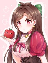 Rule 34 | 1girl, antenna hair, apple, blush, breasts, brown corset, brown hair, chii (sbshop), choker, cleavage, closed mouth, collarbone, corset, dot nose, dress, earrings, food, frilled dress, frills, from side, fruit, green ribbon, hair ribbon, hand up, heart, heart earrings, highres, holding, idolmaster, idolmaster cinderella girls, idolmaster cinderella girls starlight stage, jewelry, long hair, looking at viewer, medium breasts, pendant choker, pink background, pink dress, pink scrunchie, puffy short sleeves, puffy sleeves, red choker, red eyes, red ribbon, red scrunchie, red sleeves, ribbon, ribbon trim, ringorou (idolmaster), scrunchie, short sleeves, simple background, smile, solo, striped ribbon, striped sleeves, tsujino akari, upper body
