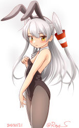 Rule 34 | 1girl, alternate costume, amatsukaze (kancolle), animal ears, black leotard, black pantyhose, brown eyes, commentary request, detached collar, fake animal ears, hair tubes, kantai collection, leotard, long hair, looking at viewer, neck ribbon, one-hour drawing challenge, pantyhose, playboy bunny, rabbit ears, ray.s, ribbon, simple background, solo, strapless, strapless leotard, two side up, white background, white hair, white ribbon