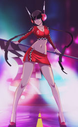 Rule 34 | 1girl, alternate costume, backlighting, black hair, blue eyes, blunt bangs, blurry, blurry background, breasts, car, car lights, checkered flag, checkered pattern, cleavage, collarbone, commentary, creatures (company), cropped shirt, elesa (pokemon), english commentary, flag, full body, game freak, gradient background, grin, head tilt, headphones, high heels, holding, holding behind back, lamppost, large breasts, long legs, long sleeves, looking at viewer, miniskirt, motor vehicle, navel, night, nintendo, pokemon, pokemon bw2, print shirt, print skirt, race queen, red shirt, red skirt, road, shirt, short hair with long locks, side slit, sideways glance, skirt, smile, solo, spread legs, stomach, thighs, vivivoovoo
