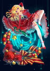Rule 34 | 1girl, arm behind head, arm up, artist name, blonde hair, bow, christmas, christmas ornaments, closed mouth, commentary, dress, elbow gloves, floating, flower, frilled thighhighs, frills, garter straps, gloves, hair ornament, hair ribbon, halterneck, high heels, highres, holding, holding sword, holding weapon, looking at viewer, medium dress, mitake eil, original, petticoat, purple eyes, red dress, red flower, red footwear, red gloves, red rose, ribbon, rose, signature, smile, solo, sparkle, star (symbol), sword, thighhighs, weapon, white thighhighs