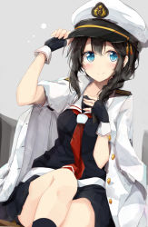 Rule 34 | 1girl, admiral (kancolle), admiral (kancolle) (cosplay), arm up, black hair, blue eyes, blush, borrowed clothes, braid, cosplay, fingerless gloves, gloves, hair over shoulder, hand on own chest, hat, jacket, jacket on shoulders, kantai collection, knee up, long hair, looking at viewer, military, military uniform, necktie, peaked cap, school uniform, serafuku, shigure (kancolle), shiina kuro, single braid, sitting, skirt, smile, solo, uniform
