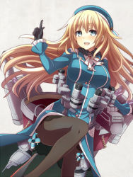 Rule 34 | 10s, 1girl, atago (kancolle), black gloves, black pantyhose, blonde hair, blue eyes, blush, breasts, cannon, gloves, hat, jacket, kantai collection, large breasts, leg up, long hair, military, military jacket, military uniform, open mouth, pantyhose, personification, smile, solo, turret, uniform, yamaneco