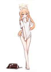 Rule 34 | 1girl, absurdres, animal ears, bare legs, barefoot, blue archive, blue eyes, covering crotch, covering privates, fox ears, halo, highres, mangotonic, mari (blue archive), orange hair, shirt, shorts, simple background, solo, thighs, unworn shorts, white background, white shirt