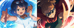 Rule 34 | 1boy, 1girl, :d, asada hachi, blue eyes, blue hair, blush, book, bow, bowtie, breasts, brown hair, cape, commentary request, contrast, eyewear on head, glasses, goggles, green shirt, grin, dreadlocks, highres, holding, holding book, holding pen, inazuma eleven, inazuma eleven (series), kidou yuuto, looking at viewer, midriff peek, open book, open mouth, otonashi haruna, outstretched arm, pen, red-framed eyewear, red bow, red cape, school uniform, shirt, short hair, smile, sparkle, upper body, white shirt