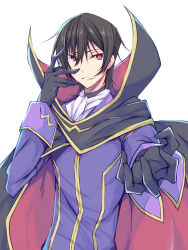 Rule 34 | 1boy, absurdres, black cape, black eyes, black gloves, black hair, blue jacket, cape, code geass, commentary request, gloves, hair between eyes, highres, jacket, lelouch vi britannia, long sleeves, looking at viewer, male focus, red eyes, short hair, simple background, smile, suterii, upper body, white background