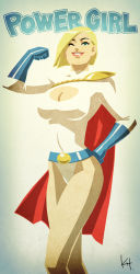 Rule 34 | 1girl, alien, blonde hair, cape, character name, cleavage cutout, clenched hand, clothing cutout, dc comics, flexing, gloves, kit, kryptonian, leotard, one eye closed, power girl, red cape, short hair, smile, solo, wink