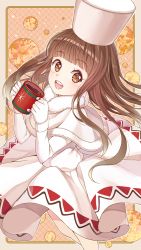 Rule 34 | 1girl, :d, bad id, bad pixiv id, blunt bangs, blush, brown eyes, brown hair, capelet, chobi (penguin paradise), cocoa cookie, cookie run, cup, from side, fur trim, hat, holding, holding cup, long hair, long sleeves, looking at viewer, looking up, open mouth, outline, outside border, round teeth, smile, solo, teeth