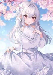 Rule 34 | 1girl, :d, blush, cherry blossoms, clothes lift, commentary request, dress, dress lift, frilled dress, frills, hair between eyes, hair ribbon, highres, long hair, long sleeves, looking at viewer, open mouth, original, outdoors, red eyes, ribbon, sidelocks, smile, solo, white dress, white hair, ymkrnchan