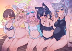 Rule 34 | 5girls, ahoge, anger vein, angry, animal ear fluff, animal ears, ayane (blue archive), ayane (swimsuit) (blue archive), beach, belly, big belly, bikini, bikini top only, black hair, black one-piece swimsuit, blue-tinted eyewear, blue archive, blue eyes, blue jacket, blush, breasts, cat ears, closed eyes, commentary request, competition swimsuit, covered navel, cross hair ornament, ear blush, embarrassed, evening, expressionless, extra ears, eyewear on head, facing viewer, flower, flying sweatdrops, frilled bikini, frills, front-tie top, glasses, green eyes, hair ornament, halo, hat, hat flower, hat ribbon, head tilt, hoshino (blue archive), hoshino (swimsuit) (blue archive), jacket, large breasts, leaning forward, light brown hair, long hair, looking at viewer, medium breasts, midriff, mimonel, mismatched pupils, multiple girls, nonomi (blue archive), nonomi (swimsuit) (blue archive), ocean, off-shoulder bikini, off shoulder, official alternate costume, one-piece swimsuit, outdoors, pink hair, pointy ears, pregnant, red-framed eyewear, ribbon, serika (blue archive), serika (swimsuit) (blue archive), shiroko (blue archive), shiroko (swimsuit) (blue archive), short hair, short shorts, shorts, side-tie bikini bottom, sitting, striped bikini, striped clothes, sun hat, swept bangs, swimsuit, tinted eyewear, twintails, two-tone swimsuit, white bikini, white headwear, white jacket, wolf ears, yellow bikini