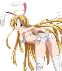 Rule 34 | 10s, 1girl, animal ears, asia argento, ass, bent over, blonde hair, boots, bra, breasts, butt crack, fake animal ears, fingerless gloves, floating hair, gloves, green eyes, high school dxd, long hair, looking at viewer, medium breasts, open mouth, panties, rabbit ears, rabbit tail, shiny skin, sideboob, solo, standing, tail, thigh boots, thighhighs, transparent background, underwear, underwear only, very long hair, white bra, white footwear, white gloves, white panties