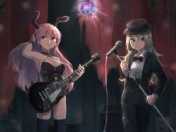 Rule 34 | 2girls, alternate costume, alternate eye color, animal ears, blonde hair, blue eyes, bow, bowtie, cable, choker, curtains, disco ball, electric guitar, fake animal ears, formal, gibson les paul, guitar, hair between eyes, hand on headphones, hand up, hat, headphones, indoors, instrument, kokemozuku, leotard, lily (vocaloid), long hair, looking at viewer, megurine luka, microphone, microphone stand, multiple girls, over-kneehighs, pink hair, rabbit ears, red eyes, shirt, speaker, stage, suit, thighhighs, traditional bowtie, vocaloid, white shirt, wrist cuffs