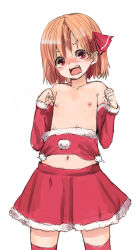 Rule 34 | 1girl, alternate costume, blonde hair, blush, cursor, detached sleeves, embarrassed, flat chest, hair ribbon, looking at viewer, nipples, open mouth, red eyes, red thighhighs, ribbon, rumia, short hair, simple background, sketch, skirt, solo, thighhighs, top pull, touhou, white background, yunuki uta, zettai ryouiki