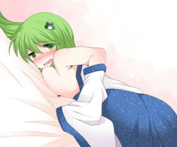 Rule 34 | 1girl, ass, bad id, bad pixiv id, bed, blush, breast press, breasts, breasts out, commentary request, detached sleeves, female focus, frog hair ornament, green eyes, green hair, hair ornament, hammer (sunset beach), kochiya sanae, large breasts, long hair, looking at viewer, lying, matching hair/eyes, no bra, off shoulder, on bed, on stomach, open mouth, saliva, sideboob, solo, sweat, tears, topless, touhou, underboob
