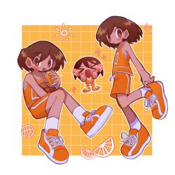 Rule 34 | &gt; &lt;, 1boy, ball, basketball (object), blush stickers, border, brown eyes, brown hair, can, chibi, commentary, double thumbs up, drink can, fingernails, food, fruit, full body, hair between eyes, highres, holding, holding ball, holding can, kel (faraway) (omori), kel (omori), male focus, omori, open mouth, orange (fruit), orange footwear, orange shorts, orange slice, orange tank top, shoes, short hair, shorts, sneakers, socks, soda can, tan, tank top, thumbs up, white border, white socks, yappari