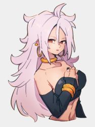 Rule 34 | 1girl, android 21, bare shoulders, black nails, bracelet, breasts, choker, cleavage, collarbone, dragon ball, dragon ball fighterz, earrings, fingernails, grey background, hair between eyes, hoop earrings, jewelry, kemachiku, long hair, looking at viewer, majin android 21, medium breasts, nail polish, pink hair, red eyes, simple background, solo, upper body, yellow choker