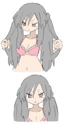 Rule 34 | &gt;:&lt;, 1girl, :&lt;, absurdres, bad id, bad twitter id, black eyes, black hair, bra, breasts, character sheet, cleavage, closed mouth, female focus, flat color, highres, long hair, looking at viewer, masikakuma, medium breasts, navel, open mouth, original, pink bra, simple background, solo, twintails, underwear, v-shaped eyebrows, white background