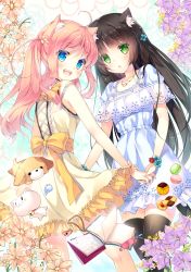 Rule 34 | 2girls, :d, :o, animal ears, black hair, blue eyes, blush, book, bookmark, bracelet, calendar (object), cat, cat ears, checkerboard cookie, chibi, colored eyelashes, cookie, dog, dress, flower, food, green eyes, holding hands, jewelry, long hair, looking back, macaron, miwabe sakura, multiple girls, necklace, open book, open mouth, original, pink hair, smile, twintails