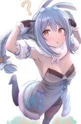 Rule 34 | 1girl, :o, ?, animal ear fluff, animal ears, armpits, black gloves, black leotard, black pantyhose, bloom, blue hair, blue ribbon, blurry, blush, bow, braid, breasts, carrot hair ornament, cleavage, depth of field, detached sleeves, don-chan (usada pekora), dress, enumiyaa, food-themed hair ornament, foot out of frame, from above, fur trim, gloves, hair bow, hair ornament, highres, hololive, leotard, long hair, orange eyes, pantyhose, pointing, pointing at self, pom pom (clothes), puffy short sleeves, puffy sleeves, rabbit-shaped pupils, rabbit ears, rabbit girl, rabbit tail, ribbon, short sleeves, sidelocks, simple background, small breasts, solo, standing, standing on one leg, symbol-shaped pupils, thick eyebrows, twin braids, twintails, usada pekora, usada pekora (1st costume), virtual youtuber, white background, white bow, white dress
